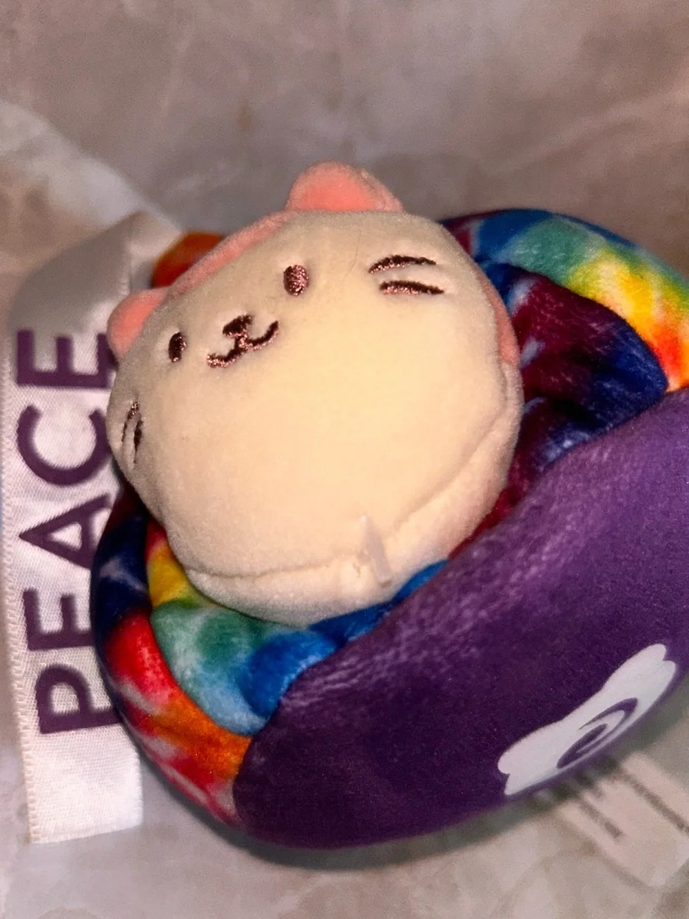 Kids Tie-Dye Plush Keychain with 'Peace' Ribbon - Rainbow